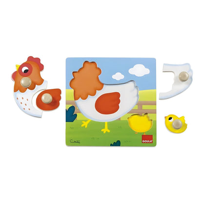 Puzzle Galinha com as peças da galinha e do pintainho fora do tabuleiro