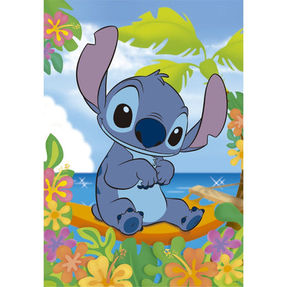 Puzzle Stitch 104 pçs montado: Stitch sentado numa praia com flores