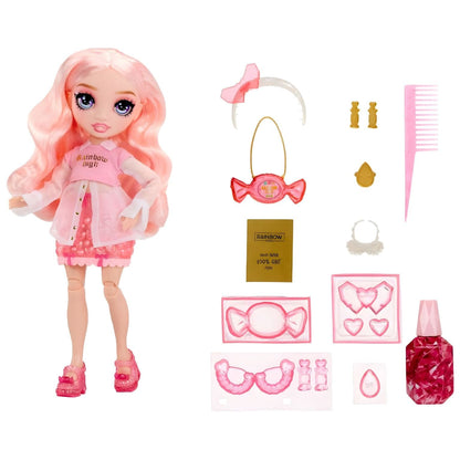 Boneca Bella Parker Rainbow High de cabelo rosa com pente, verniz e acessórios