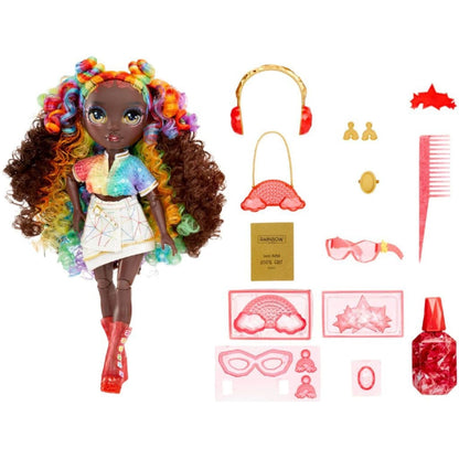 Boneca Iris Bow com acessórios: auscultadores, óculos, pente e frasco de gel
