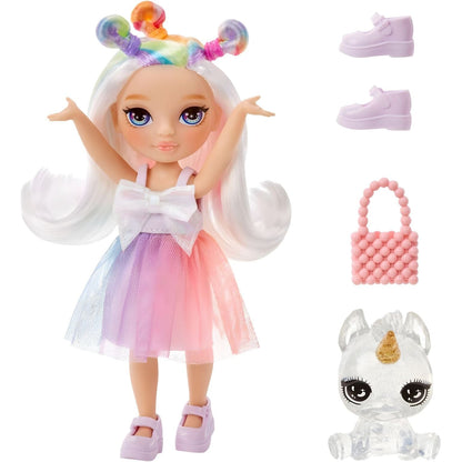 Boneca Opal Raine Rainbow High Littles com sapatos, mala e unicórnio