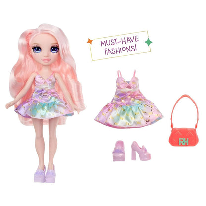 Boneca Bella Parker Rainbow High com vestido extra, sandálias e mala