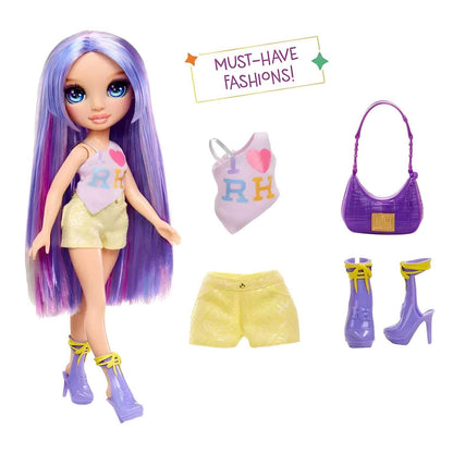 Boneca Violet de cabelo lilás com roupa, mala e botas extra