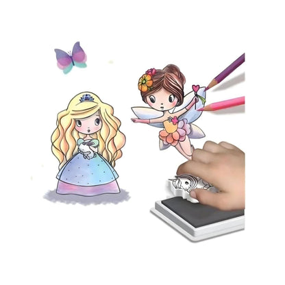 Carimbos Princesas e Fadas: desenhos de princesa e fada carimbados e coloridos