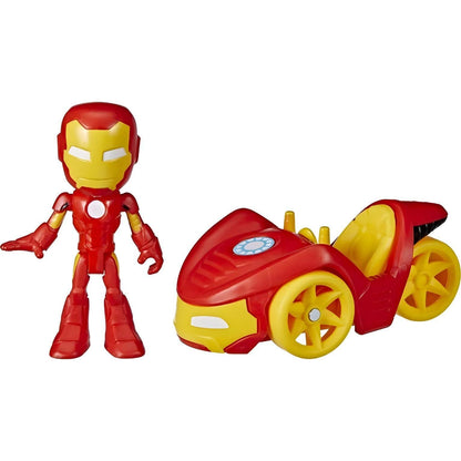 Figura Iron Man vermelha e dourada ao lado do carro Corredor de Ferro
