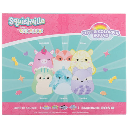 Parte de trás da caixa Squishville Mini Squishmallows Esquadrão Colorido