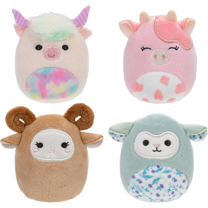 Quatro peluches Squishville Esquadrão do celeiro: iaque, vaca, carneiro e ovelha