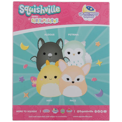 Parte de trás da caixa Squishville com os quatro peluches do Esquadrão Nocturno