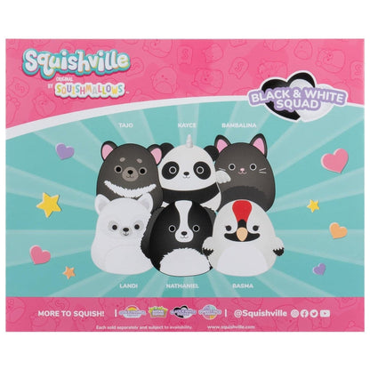 Squishville Mini Squishmallows Esquadrão Preto e Branco: verso da caixa com personagens