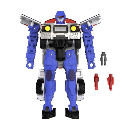 Robô Autobot Red Alert azul e branco com acessórios vermelhos
