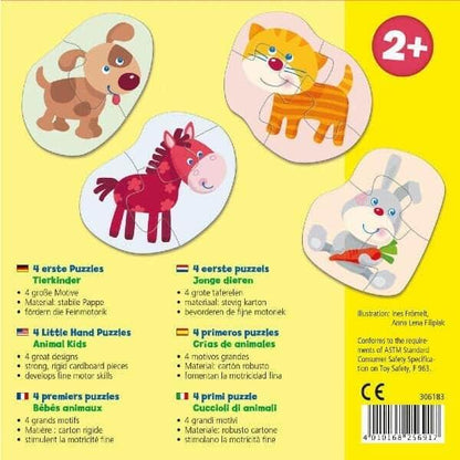 Parte de trás da caixa dos 4 Puzzles Little Hand Animais com cão, gato, cavalo e coelho