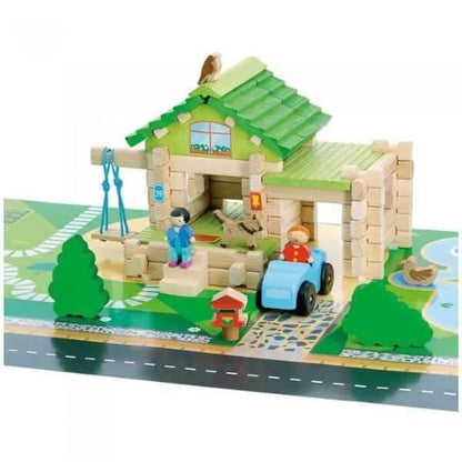 A minha primeira Casa com carro: casa de madeira montada com figuras e carro azul