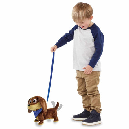 Menino a passear o cão interativo Diggles pela trela