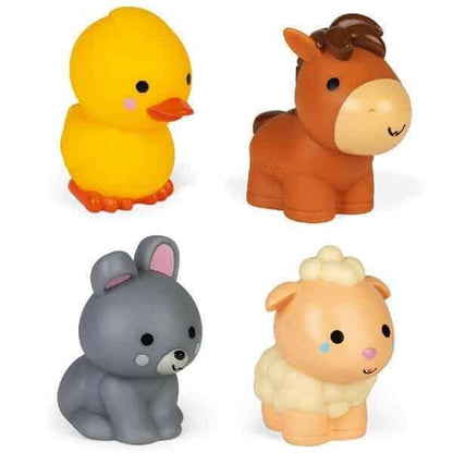 Animais para o Banho: pato amarelo, cavalo castanho, coelho cinzento e ovelha