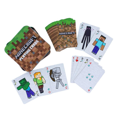 Lata e cartas do Baralho Minecraft com Steve, Alex, zombie, esqueleto e Enderman