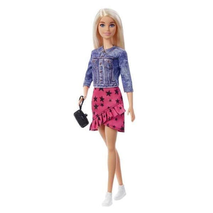 Barbie Big City: boneca loira com casaco de ganga, saia cor-de-rosa e mala preta
