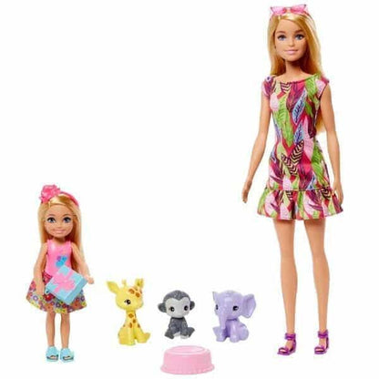 Barbie e Chelsea Aniversário: bonecas com vestidos tropicais, girafa, macaco e elefante