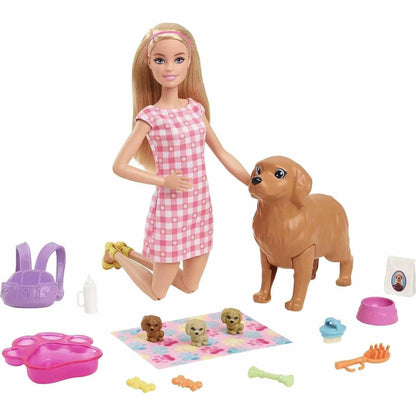 Barbie de vestido axadrezado com cadela, cachorros e acessórios