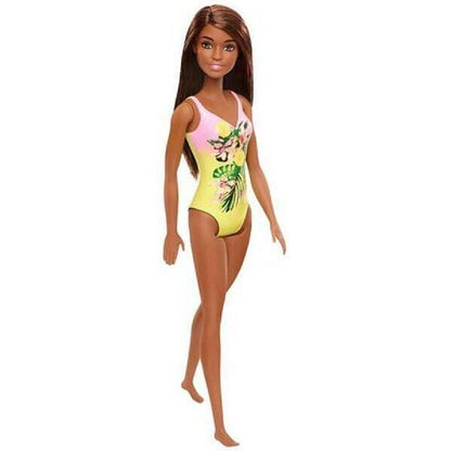 Barbie Praia morena com fato de banho amarelo e rosa com folhas