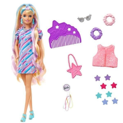 Barbie Totally Hair loira com mechas coloridas, pente, ganchos e acessórios