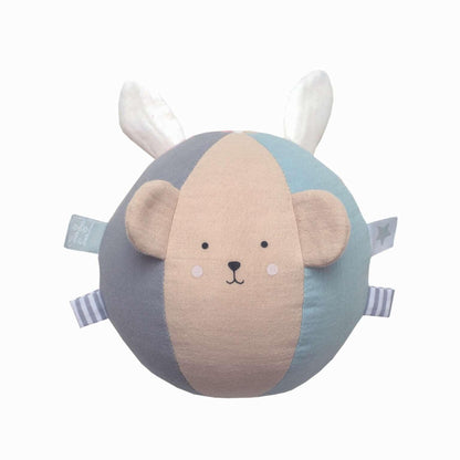 Bola de Pano Teddy & Bunny: lado do urso com orelhas em tons cinzento, azul e bege