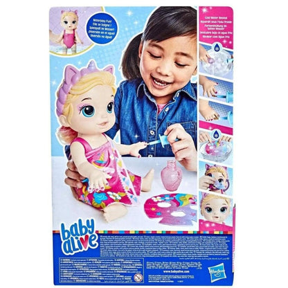Verso da caixa da Baby Alive Dia de Spa com menina a brincar