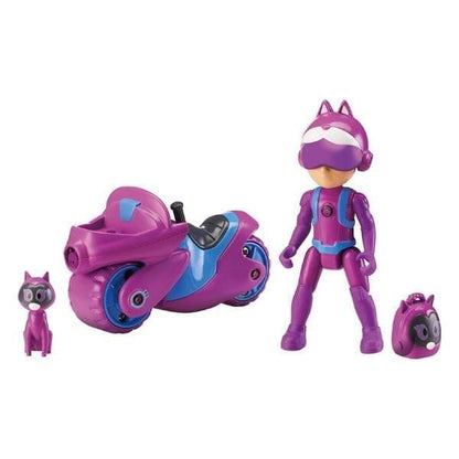 Petronix Defenders Emma's Pet Mobile & Kitt-10: mota roxa, figura da Emma, gato Kitt-10 e mochila