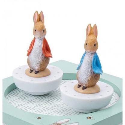 Grande plano dos dois coelhos Peter Rabbit, de casaco vermelho e azul, na Caixa de Música
