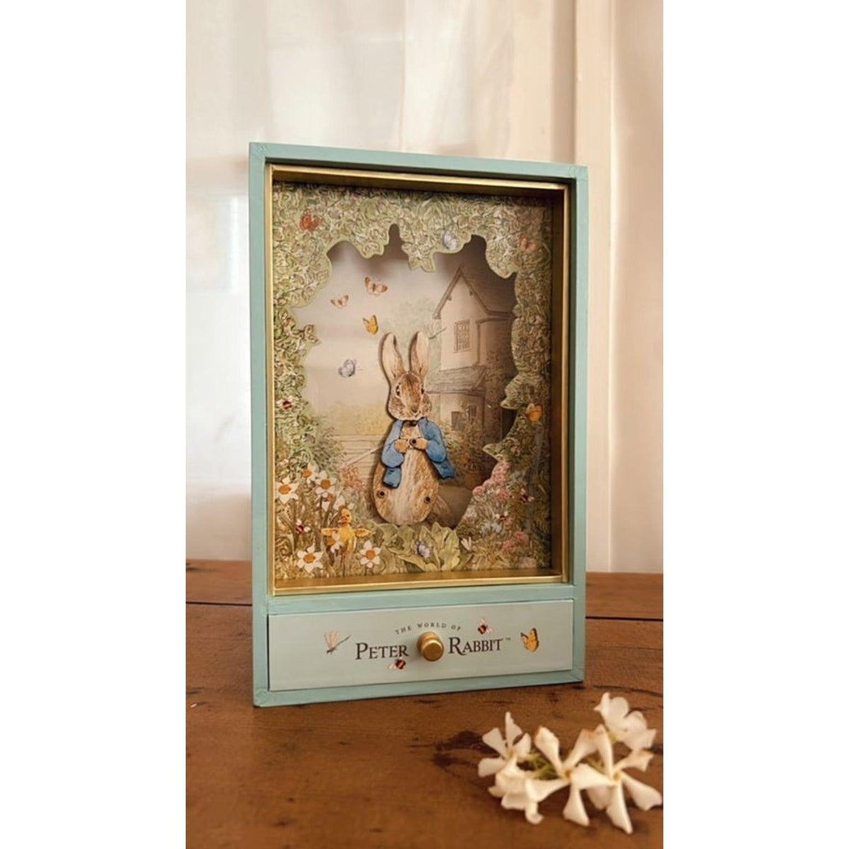 Caixa Peter Rabbit Garden vista de frente sobre uma mesa, com gaveta fechada