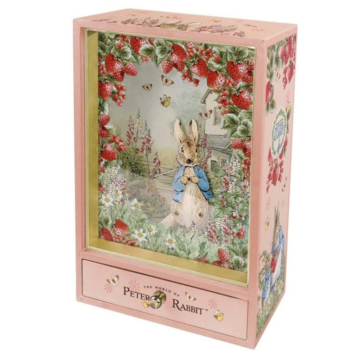 Caixa de música Peter Rabbit Morangos cor-de-rosa, com cena de jardim e gaveta frontal