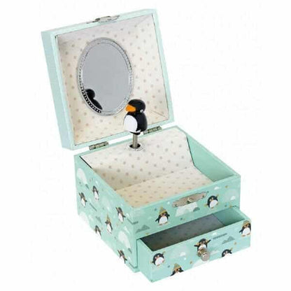 Caixa de Música Pinguim aberta, com pinguim, espelho e gaveta