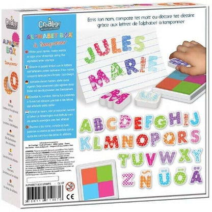 Carimbos Alfabeto: verso da caixa com nomes carimbados e todas as letras