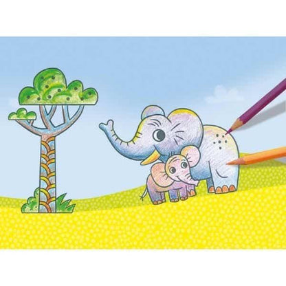 Desenho carimbado de elefantes e árvore colorido com lápis