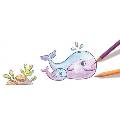Desenho de baleias carimbado e pintado com lápis de cor, dos Carimbos O meu pequeno oceano