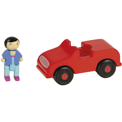 Carro vermelho de madeira descapotável com boneco de madeira