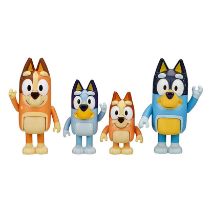 Figuras Bluey, Bingo, Bandit e Chilli lado a lado