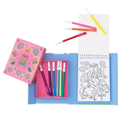 Conjunto Colorir Amigos das Fadas aberto, com marcadores e desenhos com padrões