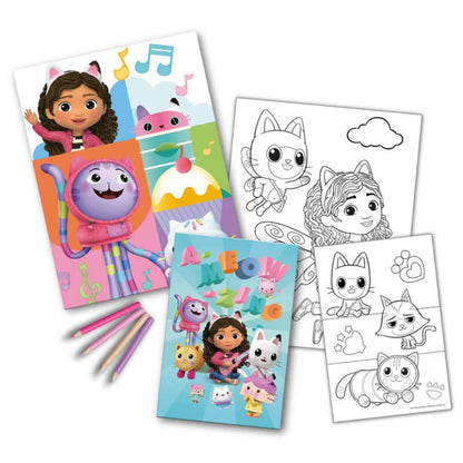 Conteúdo do Conjunto Colorir Gabby's Dollhouse: livros, desenhos e lápis