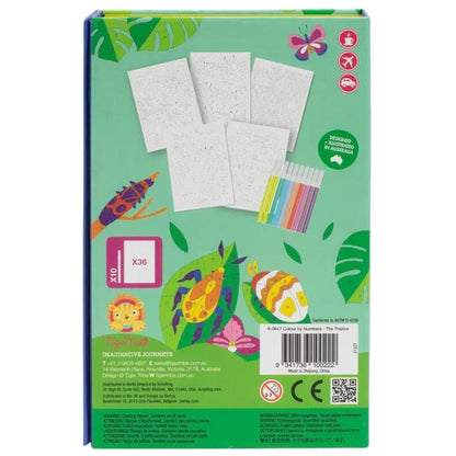 Verso da caixa do Conjunto Colorir Trópico com o conteúdo
