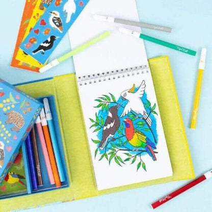 Conjunto para Colorir Animais Australianos aberto com aves coloridas