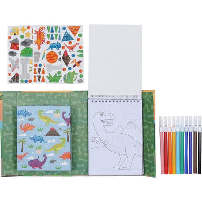 Conjunto para colorir Dinossauros com autocolantes, caderno e marcadores