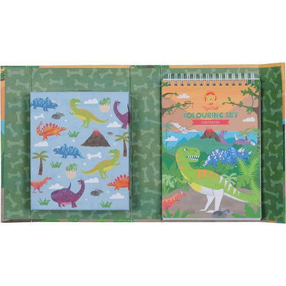 Conjunto para colorir Dinossauros aberto com caderno e estojo