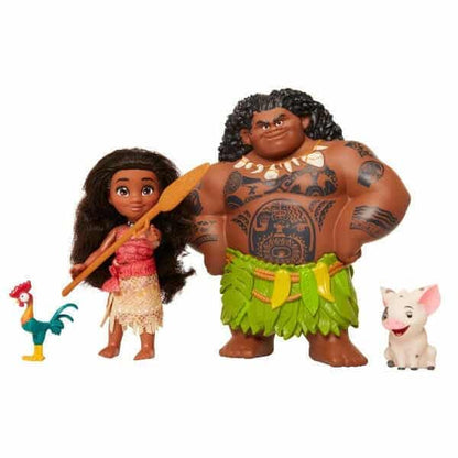 Bonecas Vaiana com remo e Maui fora da caixa, com o galo Heihei e o porquinho Pua