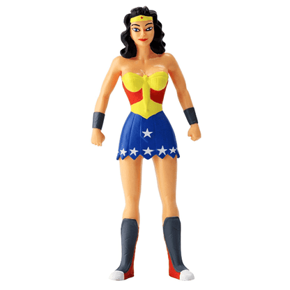 Figura flexível da Wonder Woman com fato vermelho, dourado e azul