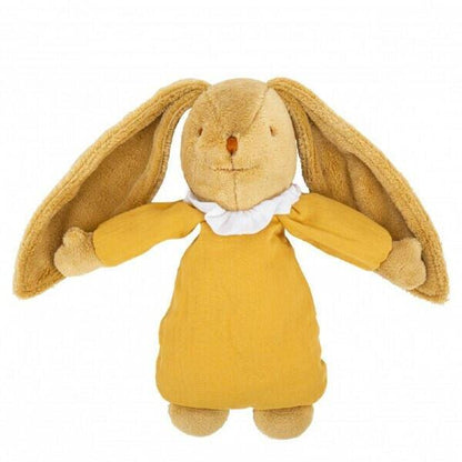 Doudou Coelho Musical amarelo com orelhas compridas abertas, vista de frente