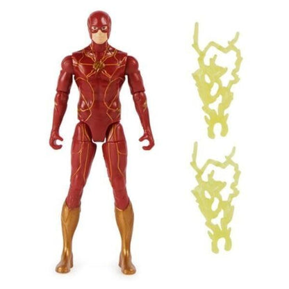 Figura Flash 10 cm de frente, com fato vermelho e dois acessórios de raios amarelos