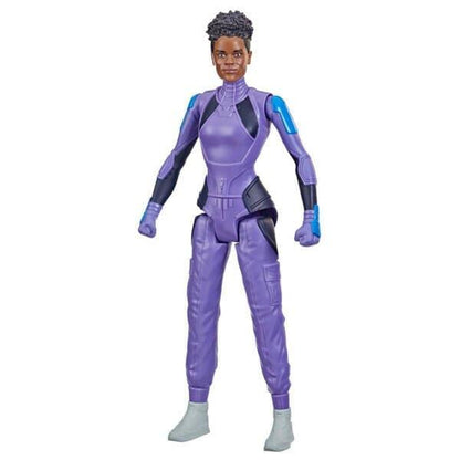 Figura Shuri de fato lilás e preto, de frente, Black Panther