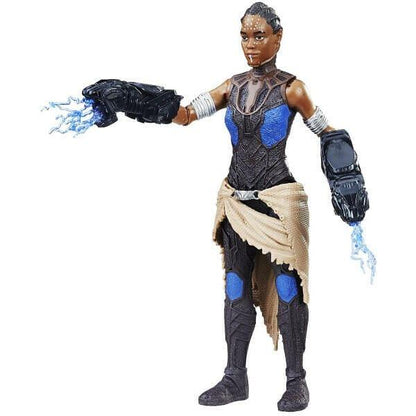 Figura Pantera Negra Shuri com luvas de energia azul e saia, de frente