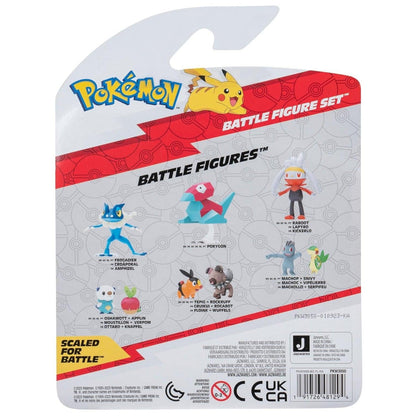 Figuras de Batalha Pokémon Carvanha, Jolteon e Wooloo: verso da embalagem