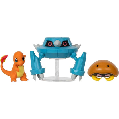 Figuras Batalha Pokémon: Charmander, Metang e Kabuto lado a lado